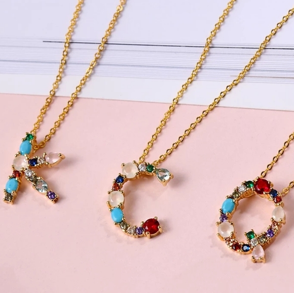 Boho Stone A-Z Initial Pendant Gold Pave Necklace - Picture 5 of 8